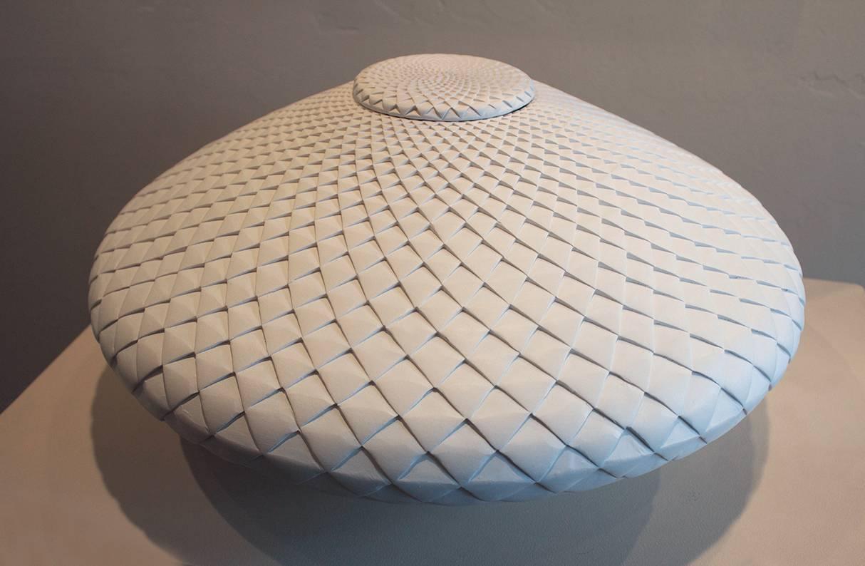 Michael Wisner Abstract Sculpture - White Pinecone with Lid (handmade, white, pottery, patterned)