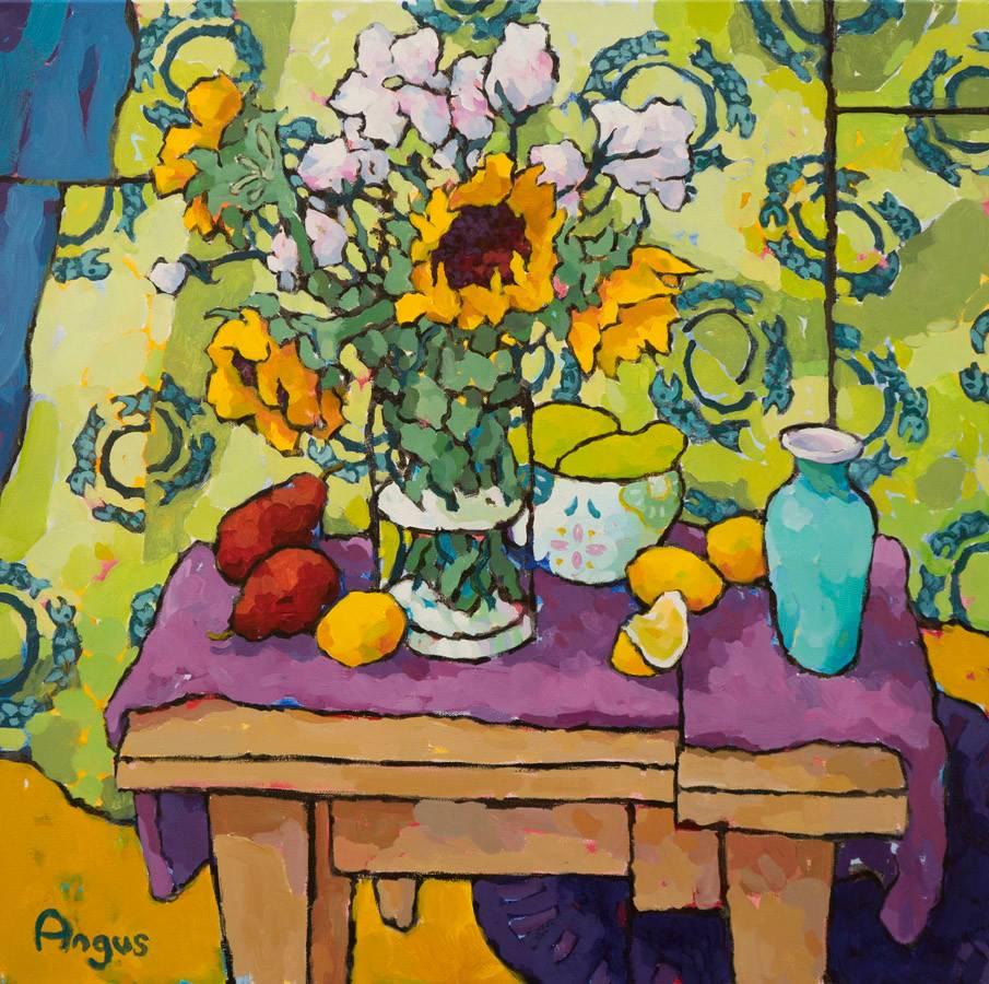 Angus Wilson Still-Life Painting - Sunflowers, Pears, and Papaya with Fish Drape