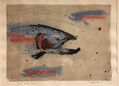 Chine Colle Trout (Blue) (fish, watercolor, etching, trout)