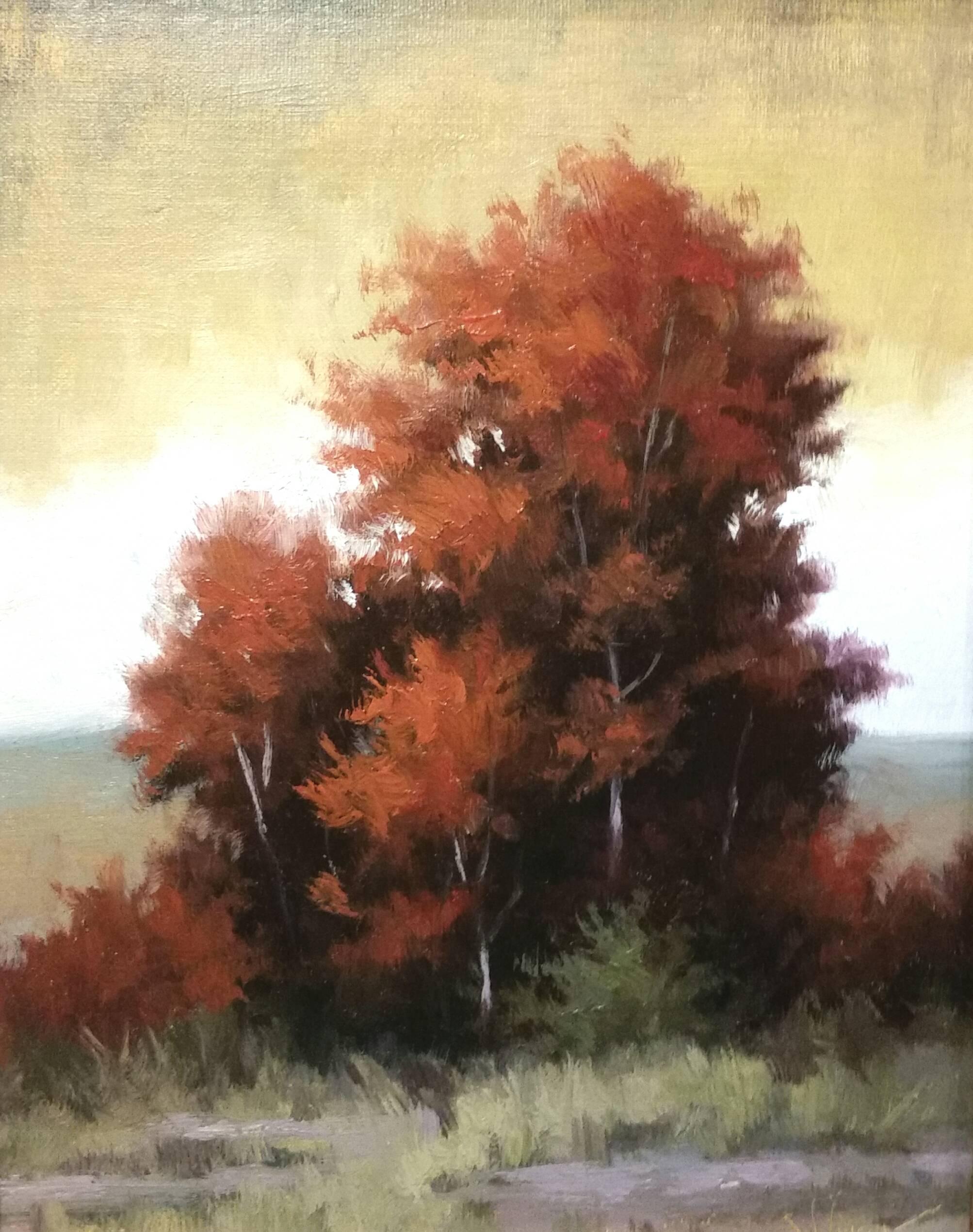 Simon Winegar Landscape Painting - Tree Wars (landscape, trees, orange)