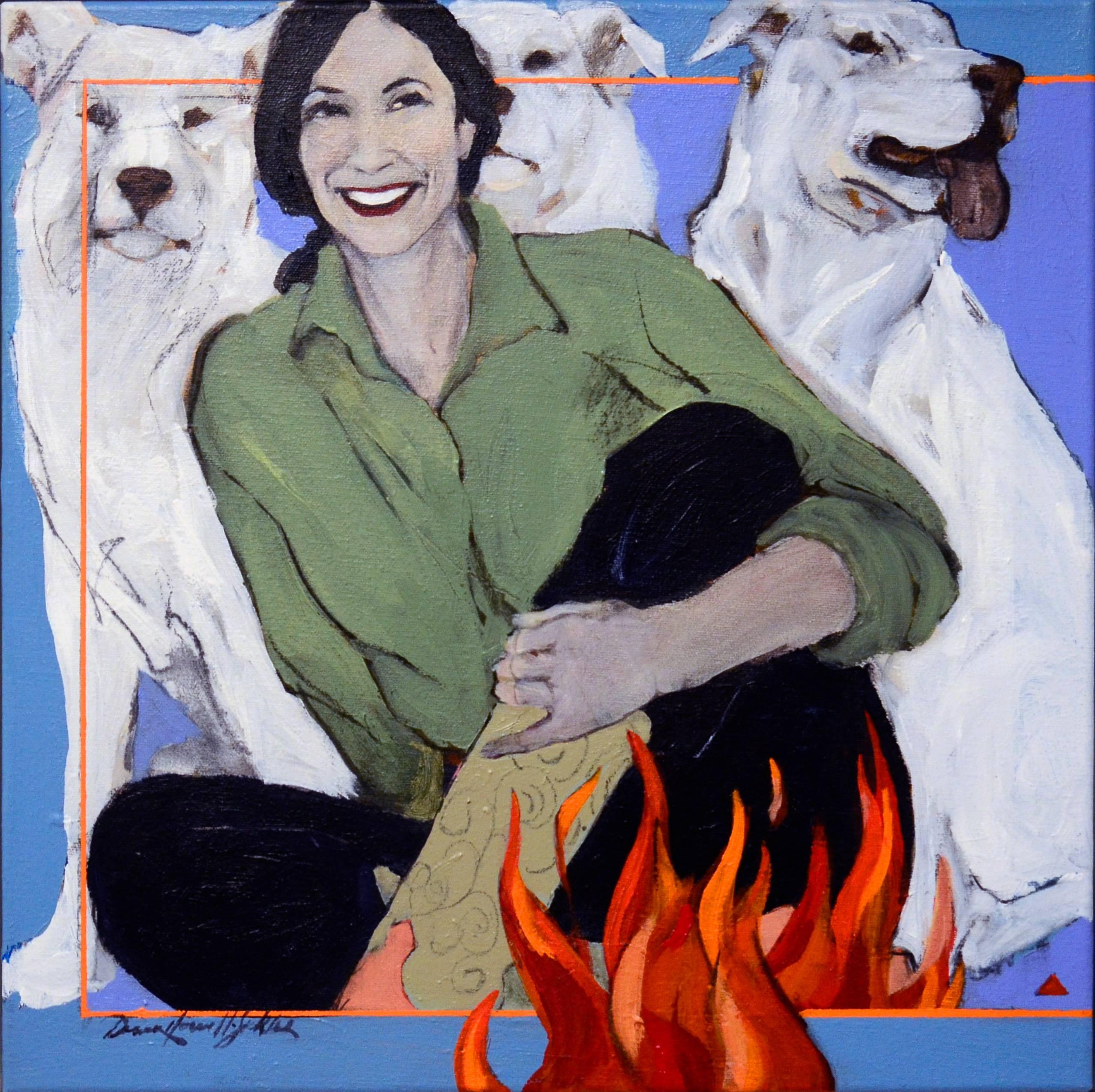 Donna Howell-Sickles Figurative Painting - Laughter by Firelight (cowgirl, campfire, dogs)