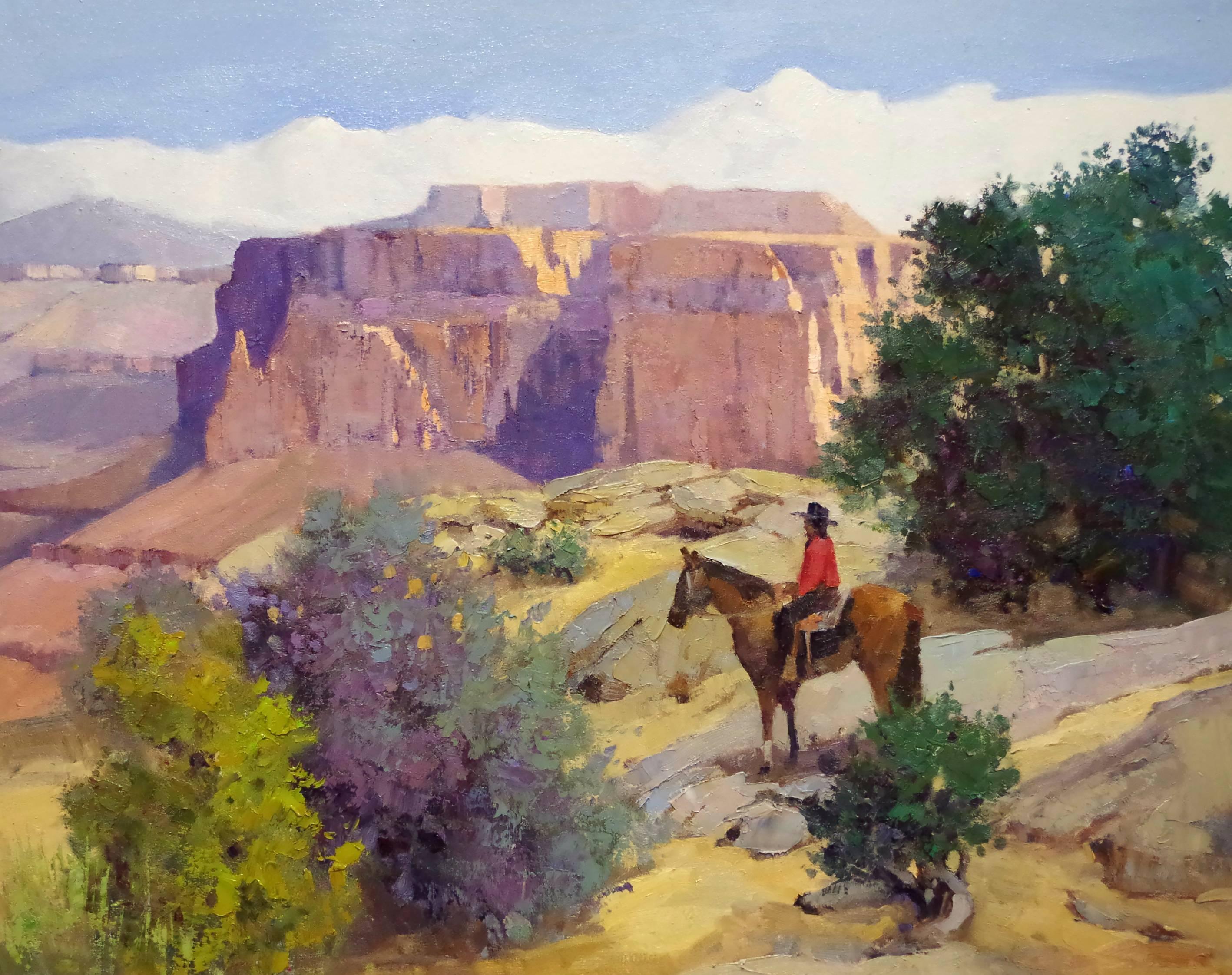 Sean Wallis Figurative Painting - Western Expanse (landscape, cowboy, horse, desert)