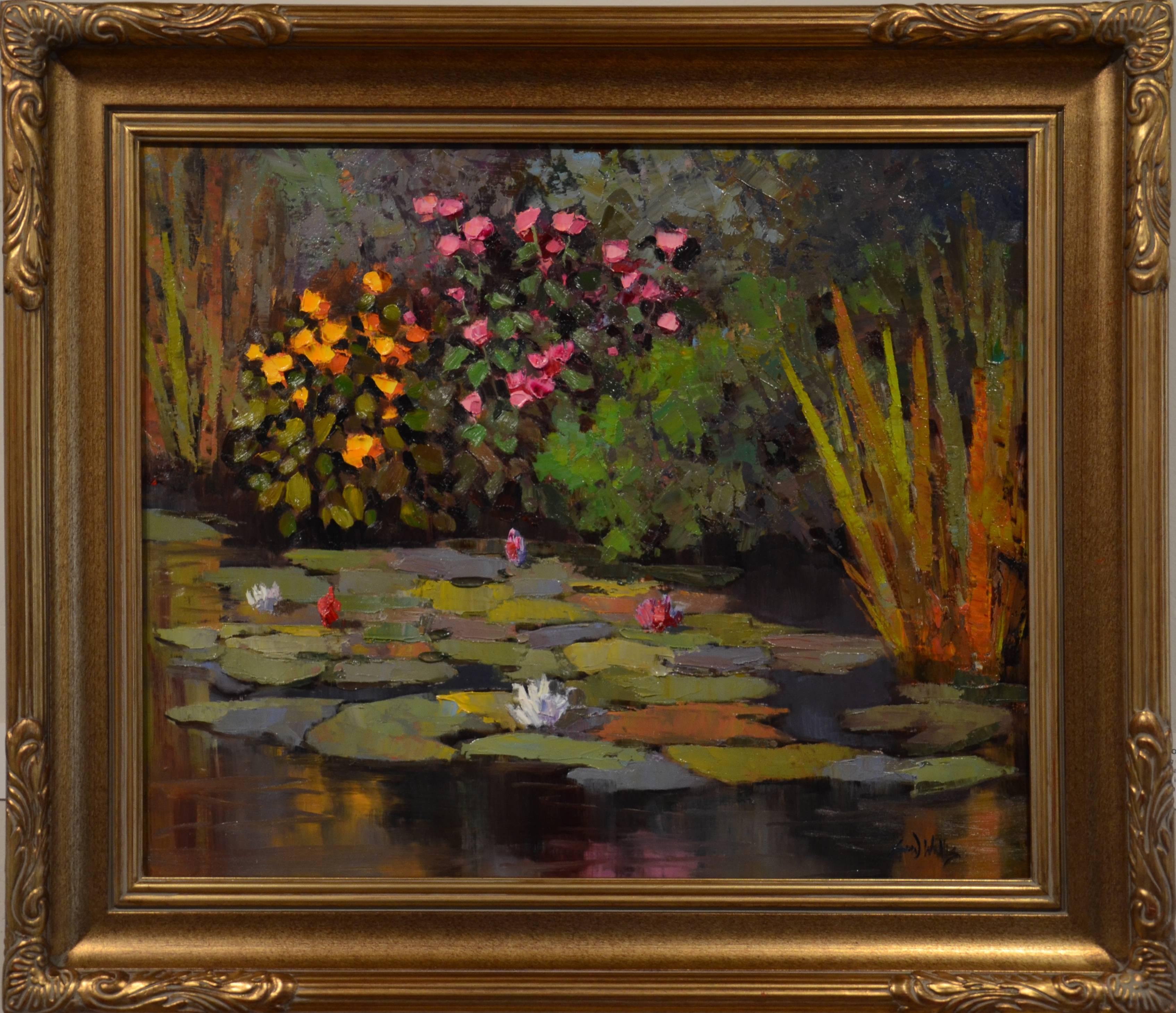 Sean Wallis Landscape Painting - Hidden Away (water, pond, water lilies, flora)