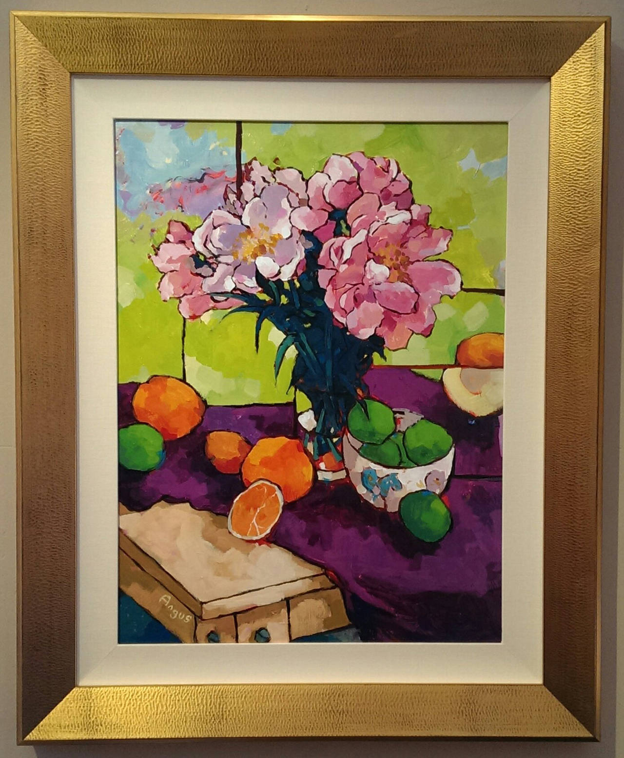 Embracing the Sun on Purple (still life, flowers, fruit) - Painting by Angus Wilson