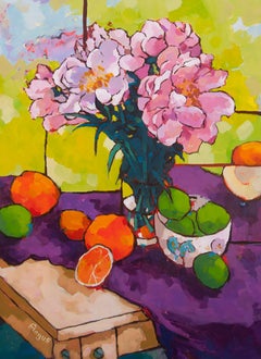 Abrazando el sol sobre morado (bodegón, flores, fruta)