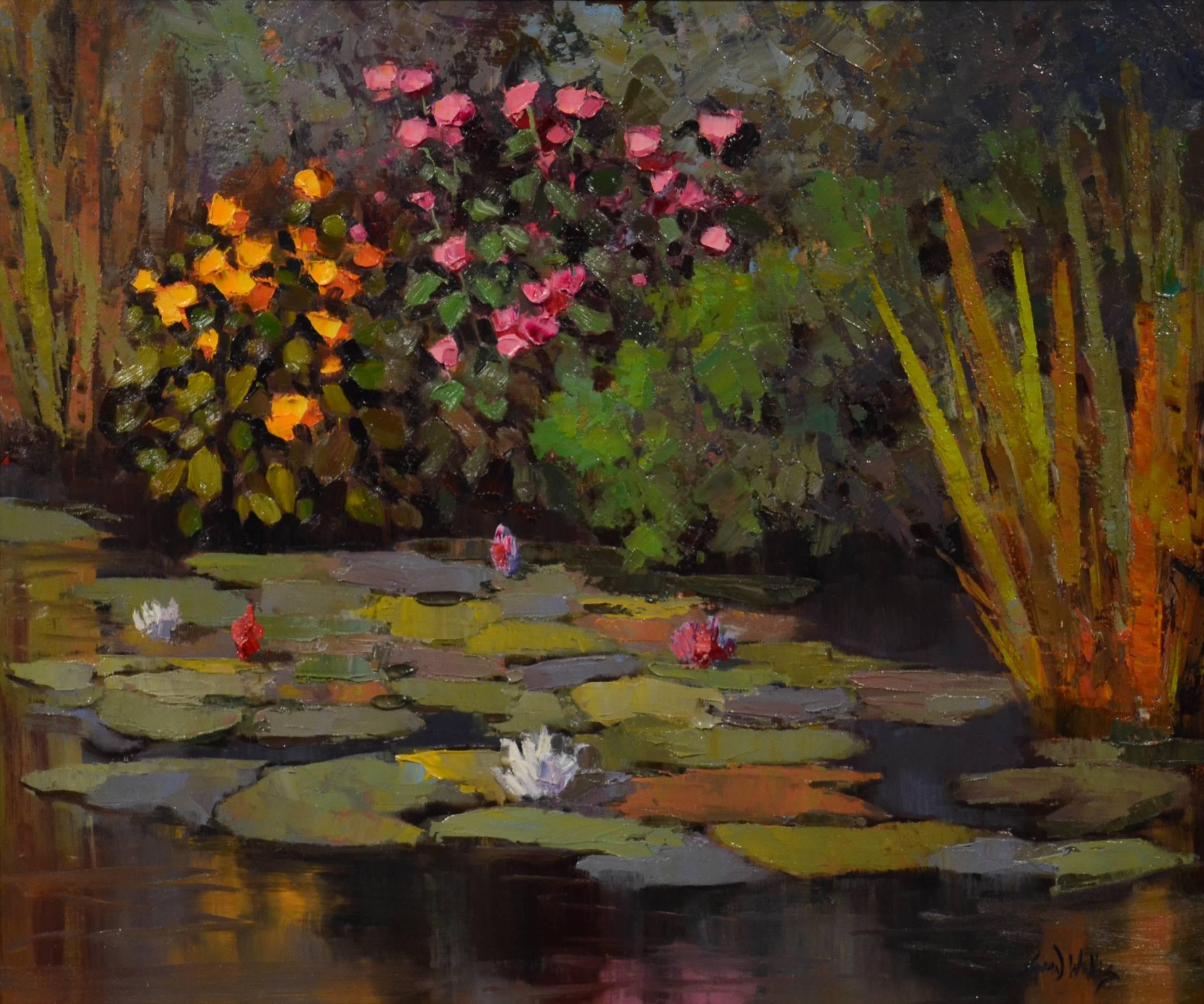 Hidden Away (water, pond, water lilies, flora) - Painting by Sean Wallis