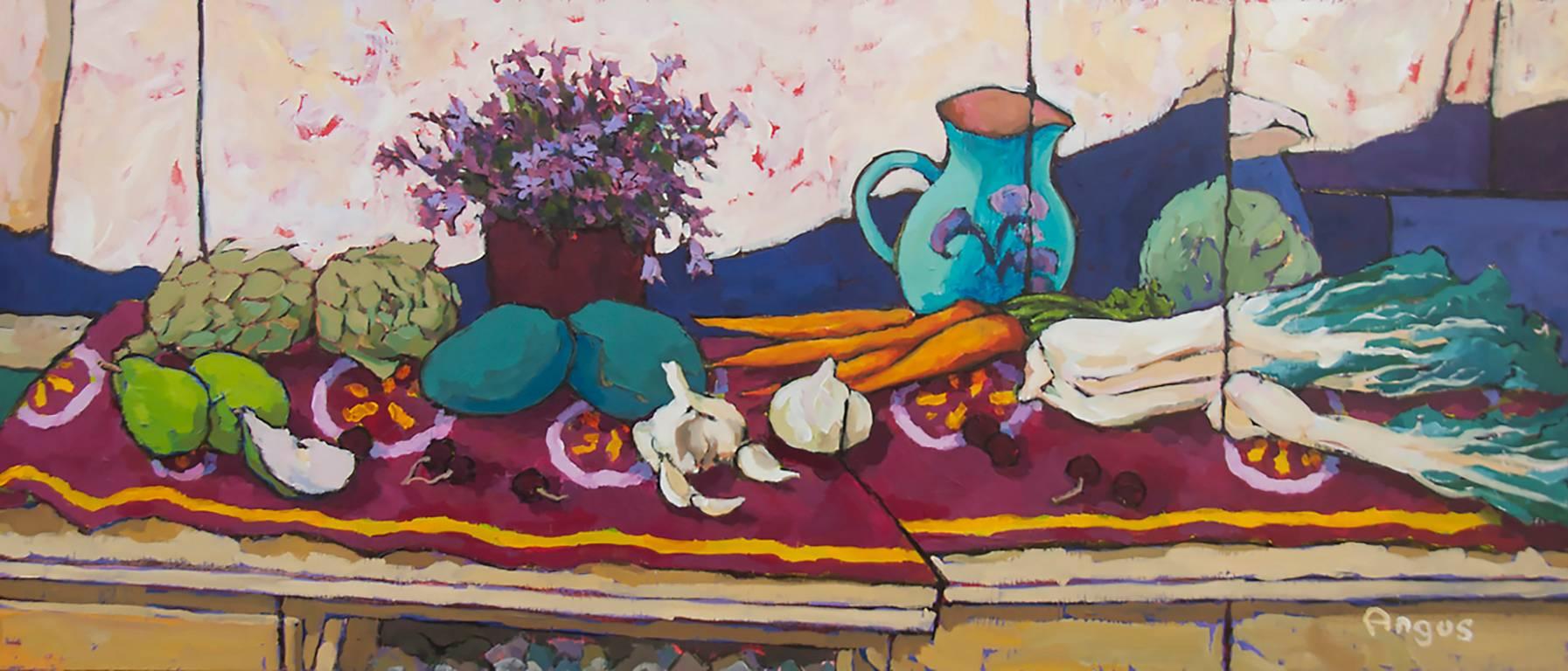 Angus Wilson Still-Life Painting - Campanula and Jug on Long Table (still life, fruit, vegetables, flowers)