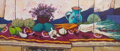 Campanula and Jug on Long Table (still life, fruit, vegetables, flowers)