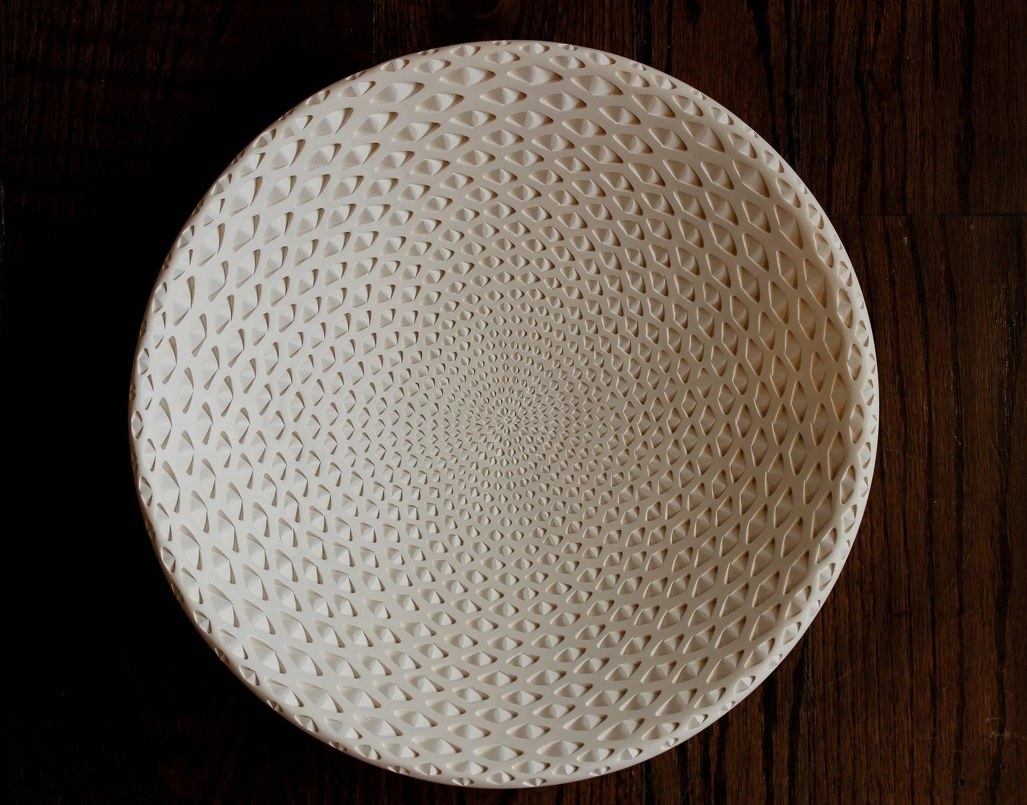 White Oval Bowl (handmade, white, pottery, patterned) - Art by Michael Wisner