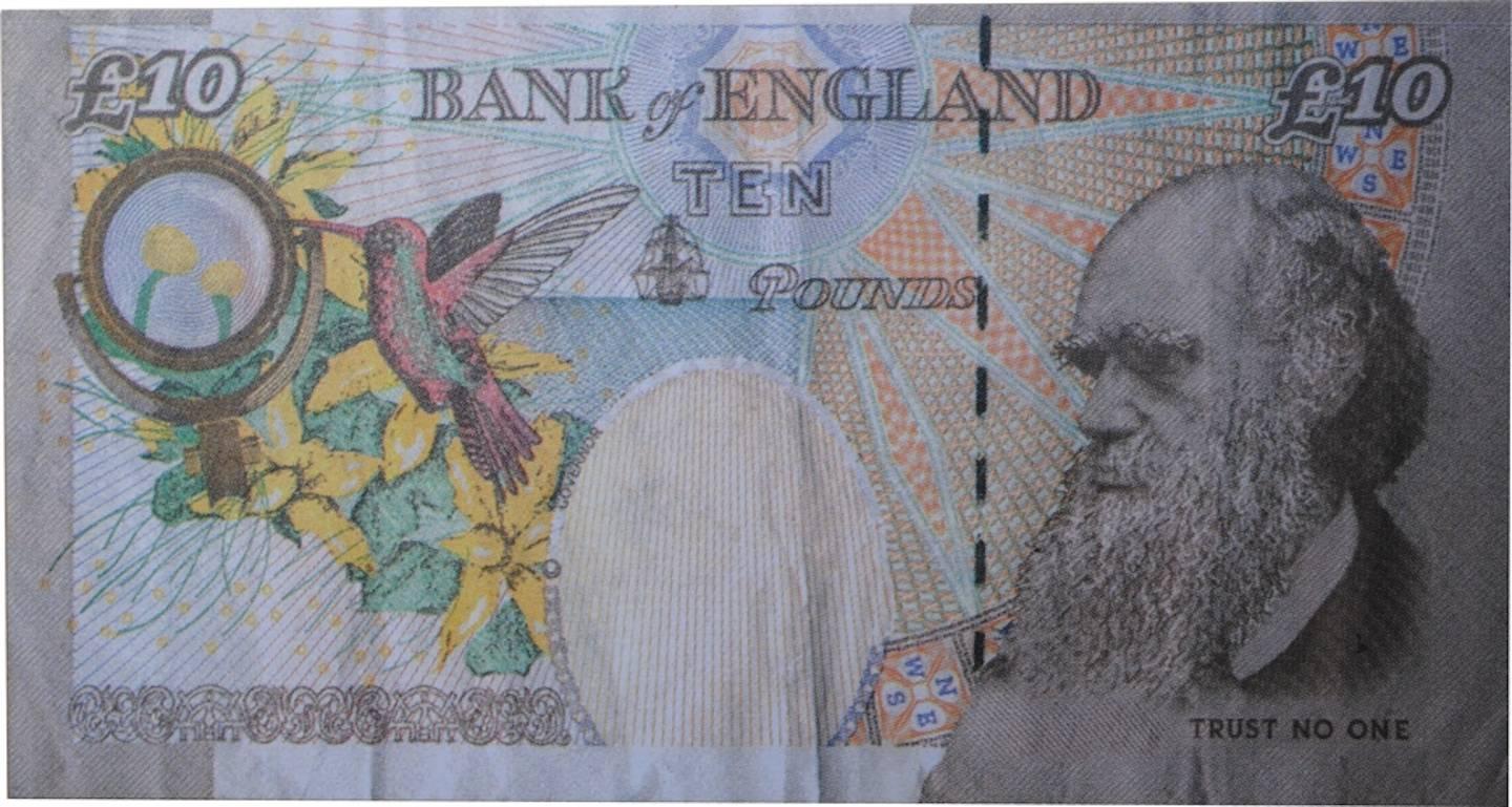 Fake ten pound note created by Banksy.

Mostly known for his stencil and installation work, Banksy turned his attention to his native London's bills.
In 2004, the artist printed one million pounds worth of his Di Faced Tenner. The play on the