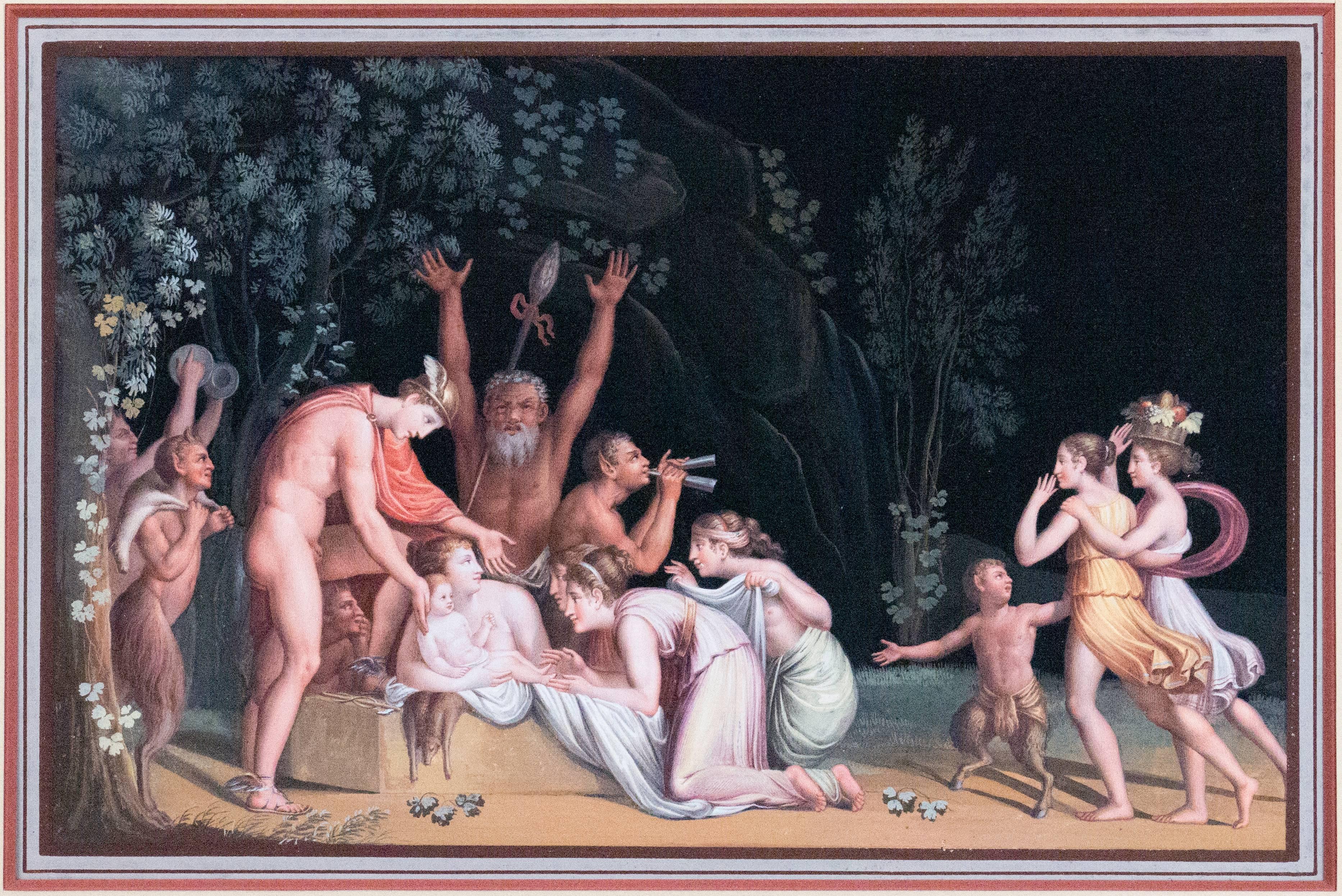 Mercury liefert den Säugling Bacchus  & Nymphs tanzend in einem Interieur – Art von Michelangelo Maestri