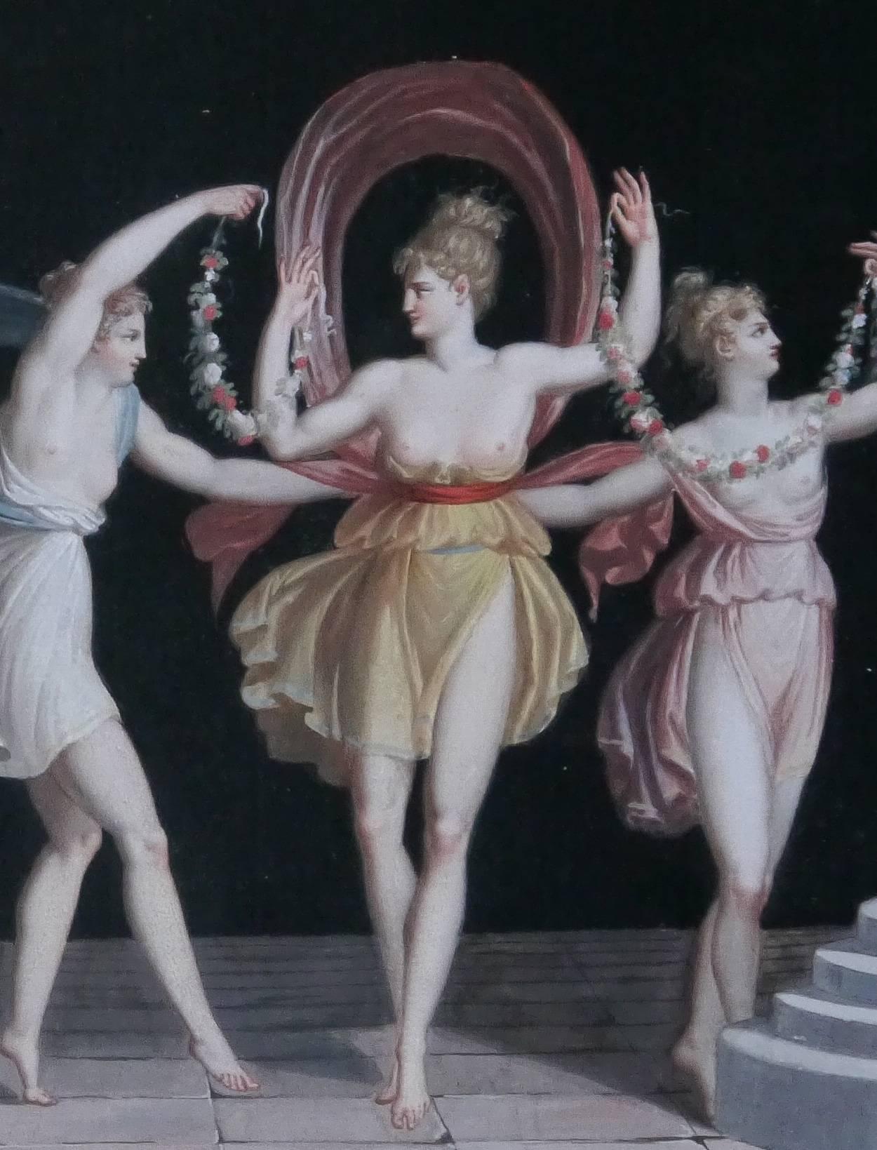 Ein außergewöhnliches Paar Gouache-Gemälde von Michelangelo Maestri aus dem frühen 19. Jahrhundert, das tanzende Nymphen in einem Innenraum und Merkur, der den Nymphen auf dem Berg Nysa das Bacchus-Kind übergibt, darstellt.

In gutem Zustand mit