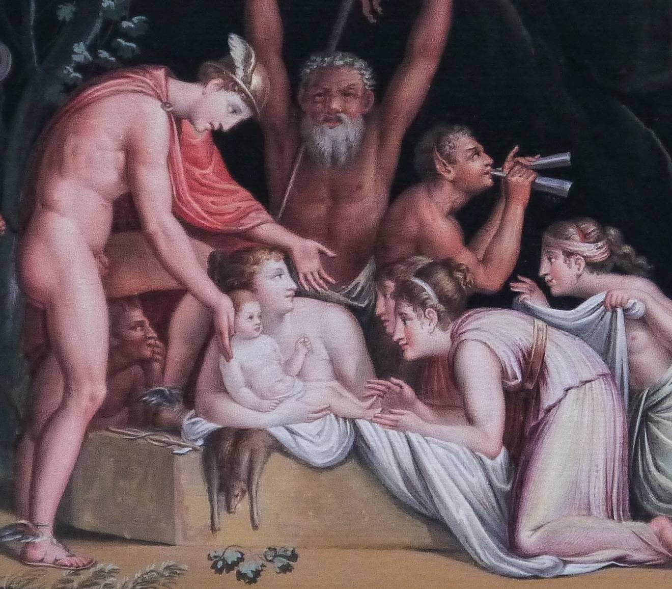 Mercury liefert den Säugling Bacchus  & Nymphs tanzend in einem Interieur (Renaissance), Art, von Michelangelo Maestri