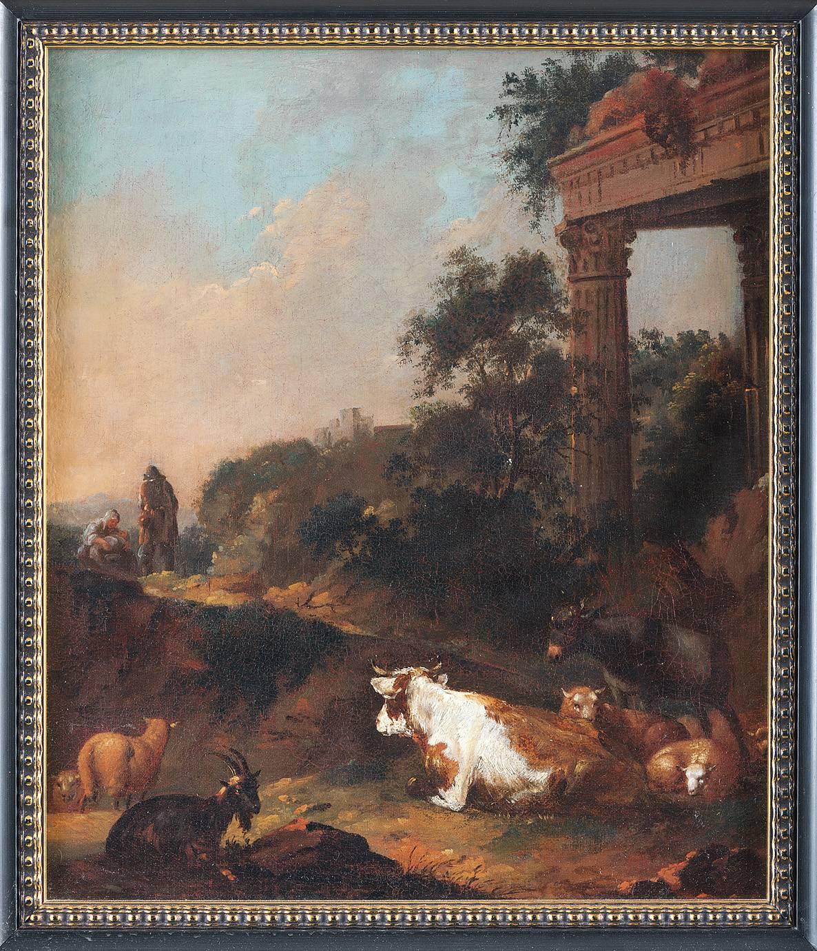 Nicolaes Berchem Landscape Painting - An Italianate Landscape Scene With Herders, Cattle And Goats