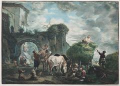 Peasants hay-making and resting near a ruinous town wall with gate