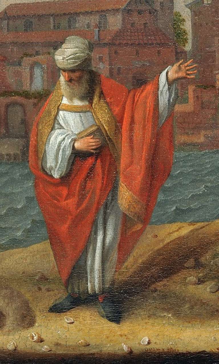 Questo dipinto mostra Sant'Agostino d'Ippona e il bambino in riva al mare. Agostino indossa gli abiti episcopali e un turbante. Dietro di lui vediamo un porto. A sinistra sono raffigurate tre navi, una delle quali naviga verso il porto.
La scena si