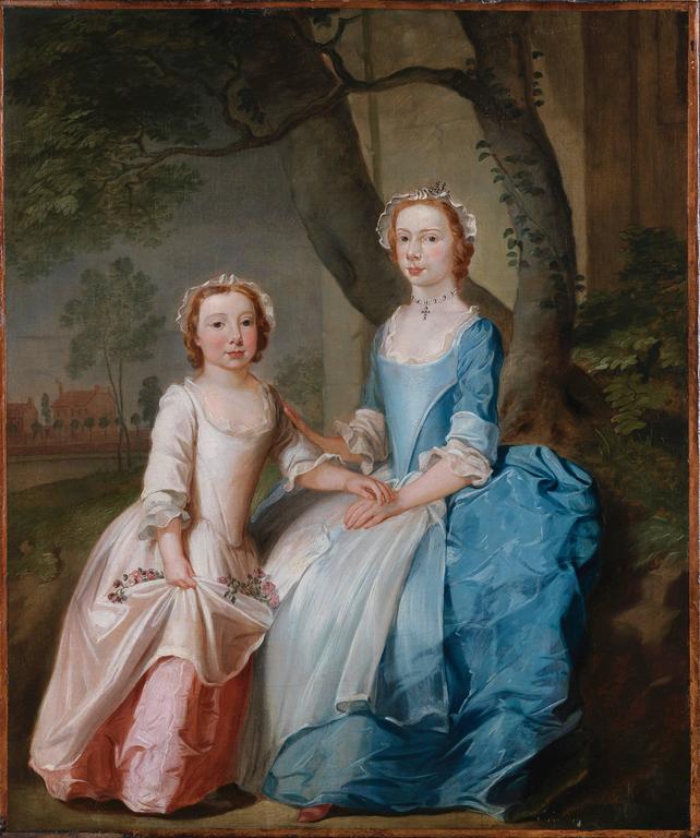Thomas Bardwell Figurative Painting - A portrait of two sisters sitting on a wooded bank with a view of a country hous