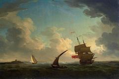 An English naval ship close-hauled at the mouth of the Tagus, with Belem Castle