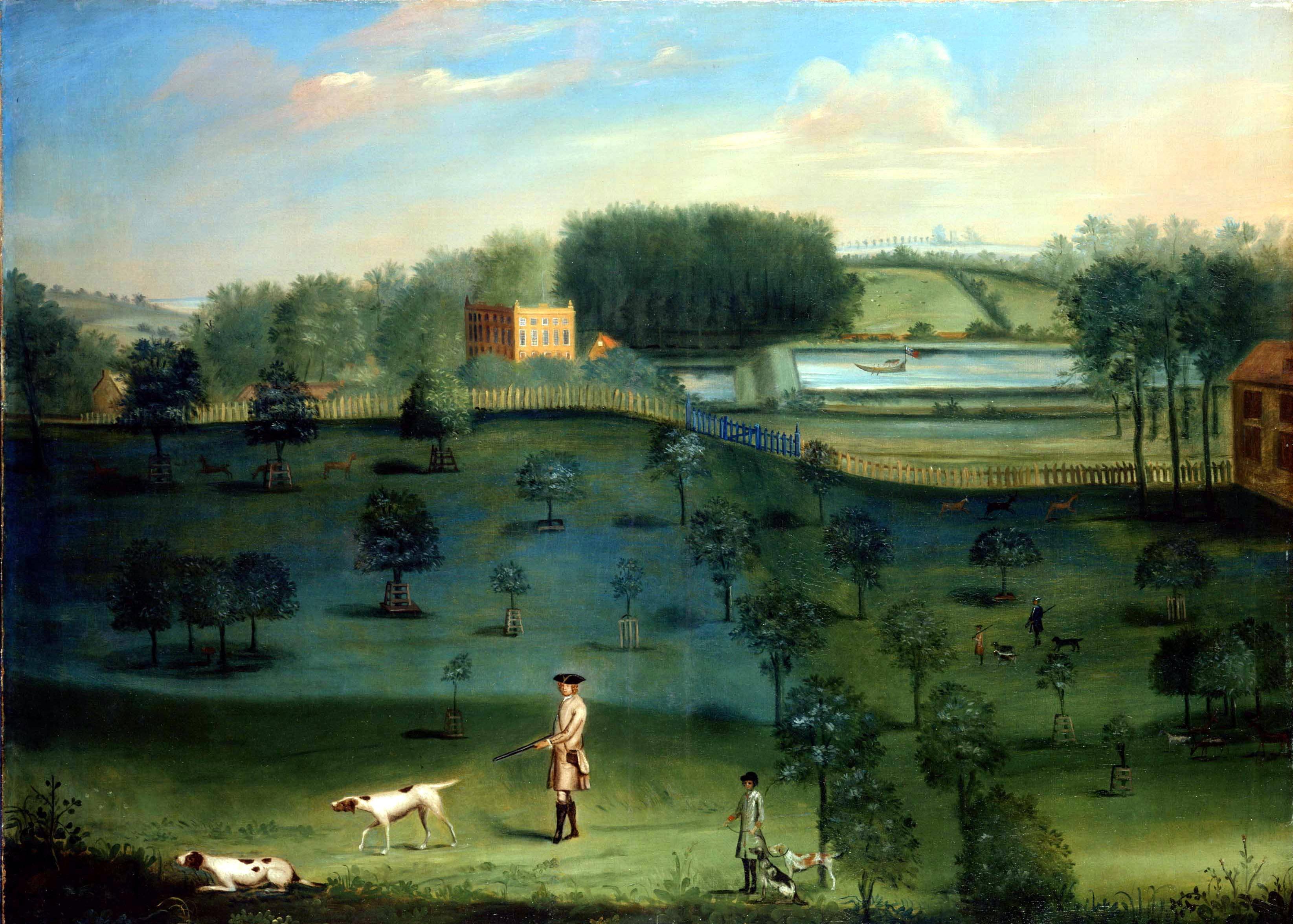 Francis Sartorius Animal Painting - A gentleman shooting in a landscape, with a country house beyond