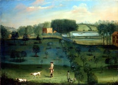 A gentleman shooting in a landscape, with a country house beyond