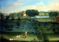 A gentleman shooting in a landscape, with a country house beyond
