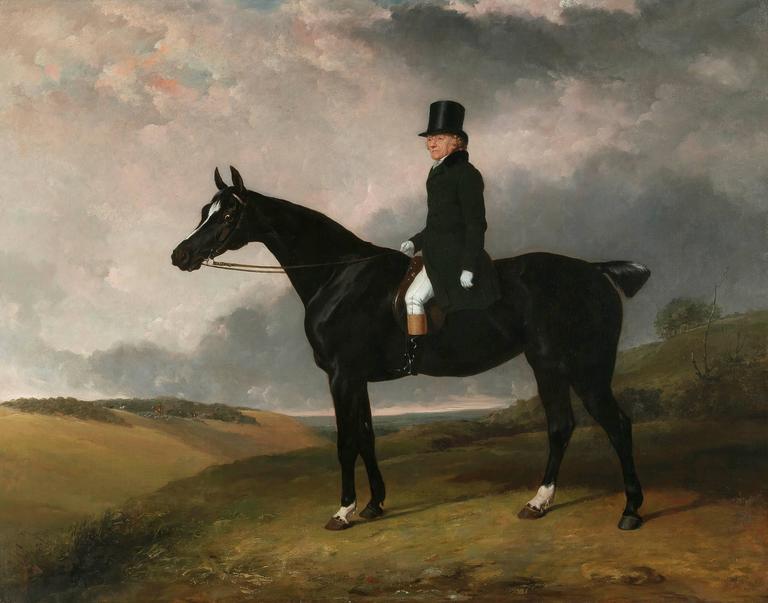 Abraham Cooper Animal Painting - Portrait of Daniel Haigh of the Old Surrey on his dark bay hunter “Kitten”