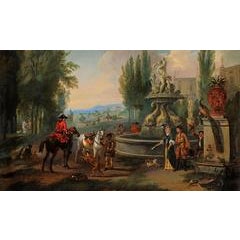 Elegant company and their horses in front of a country house 10