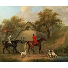 A huntsman on horse back accompanied by fox hounds in a landscape 3