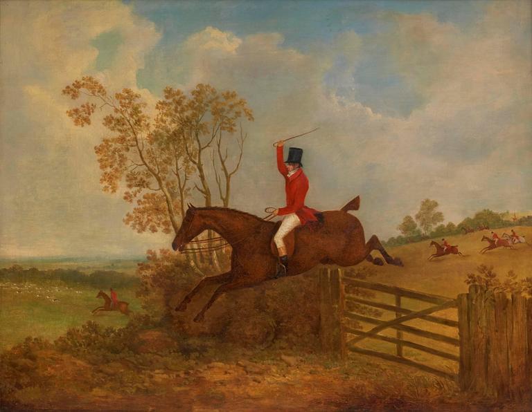 James Barenger Animal Painting - Huntsman on horseback jumping a gate, other riders in the distance