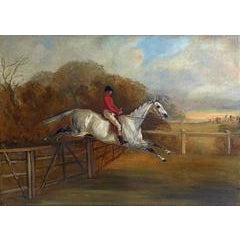 A grey steeplechaser taking a fence 7