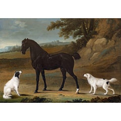 A Dark bay horse with two white setters 9
