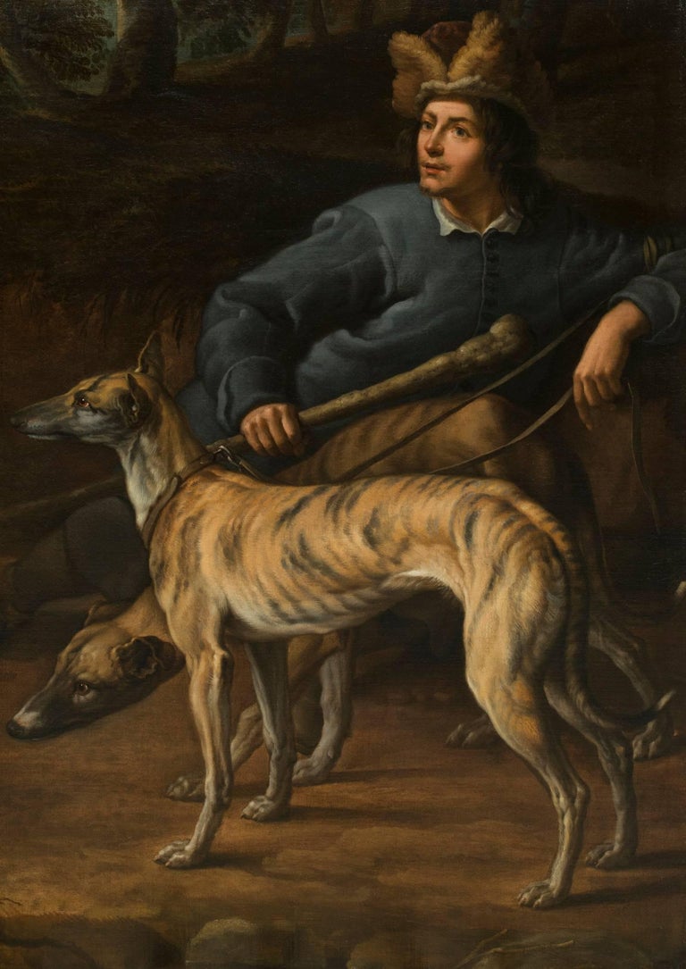 Flemish School Animal Painting - A portrait of a huntsman resting with his dogs