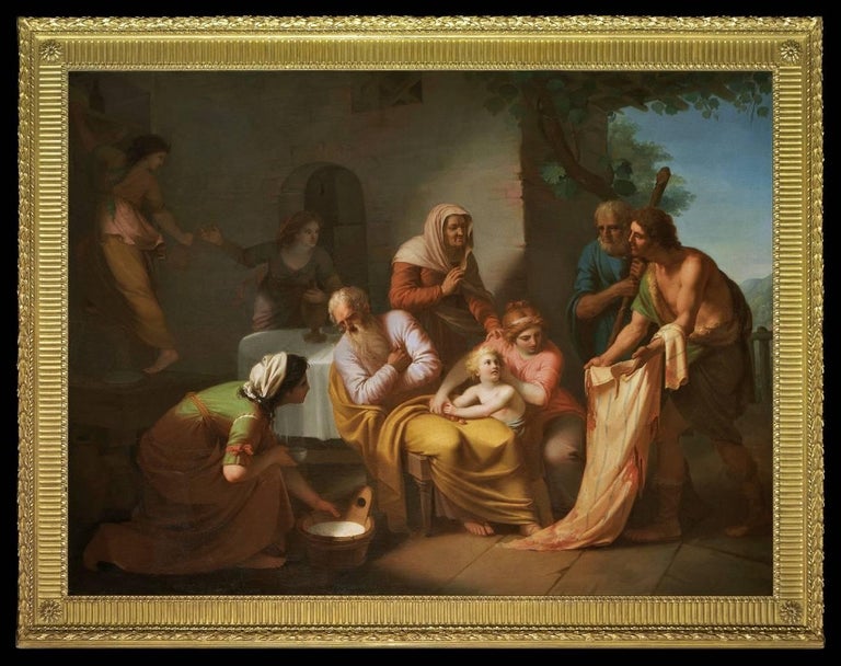Marcello Leopardi Figurative Painting - Joseph's coat of many colours is shown to his father Jacob (Genesis, ch. 37)