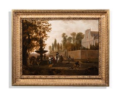 Courtyard scene with elegant ladies and horsemen gathered beside a large fountai