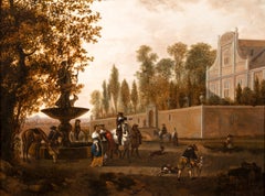 Courtyard scene with elegant ladies and horsemen gathered beside a large fountai