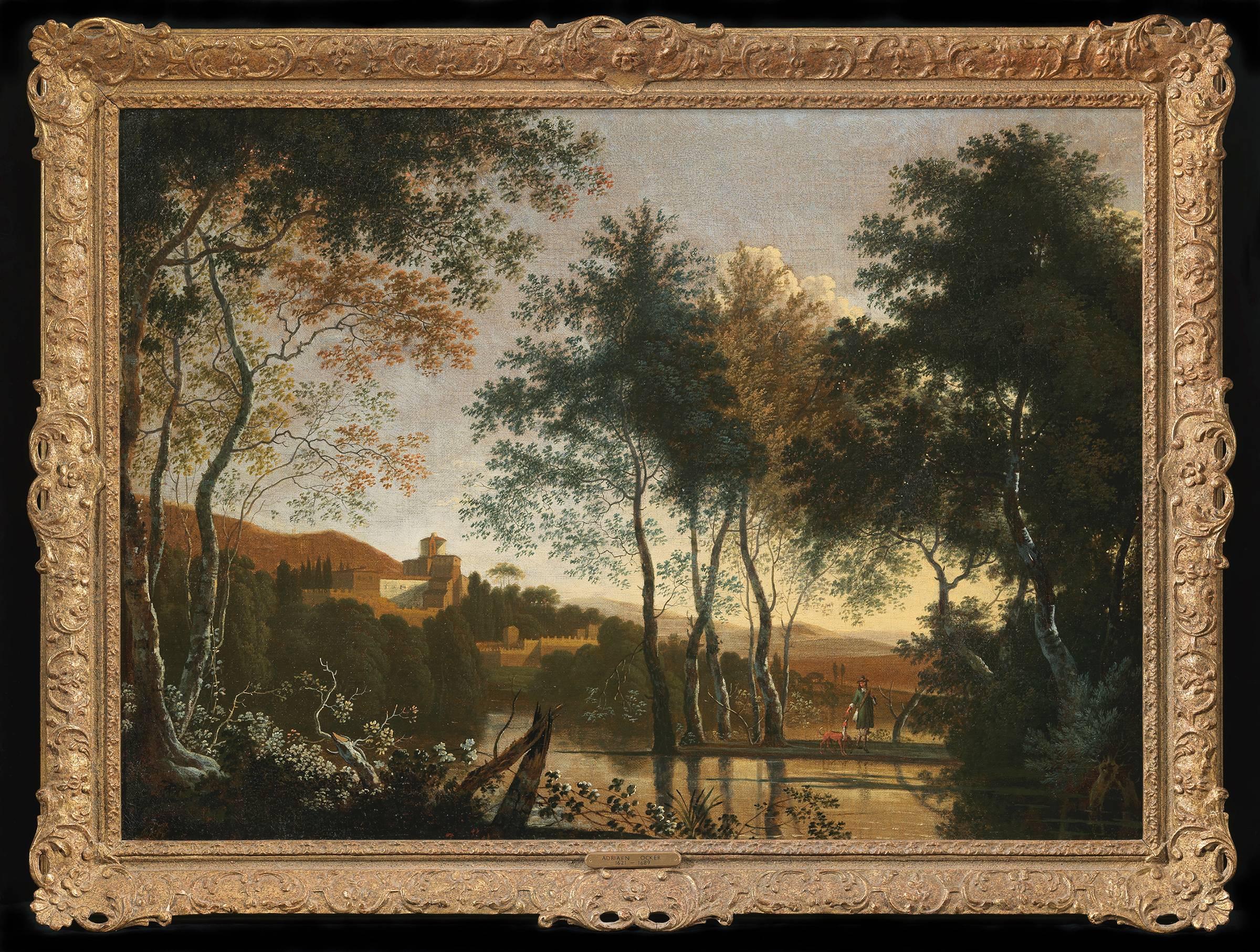 Adriaen Jansz. Ocker Animal Painting - A Dutch Italianate landscape with a figure and his dog by a lake