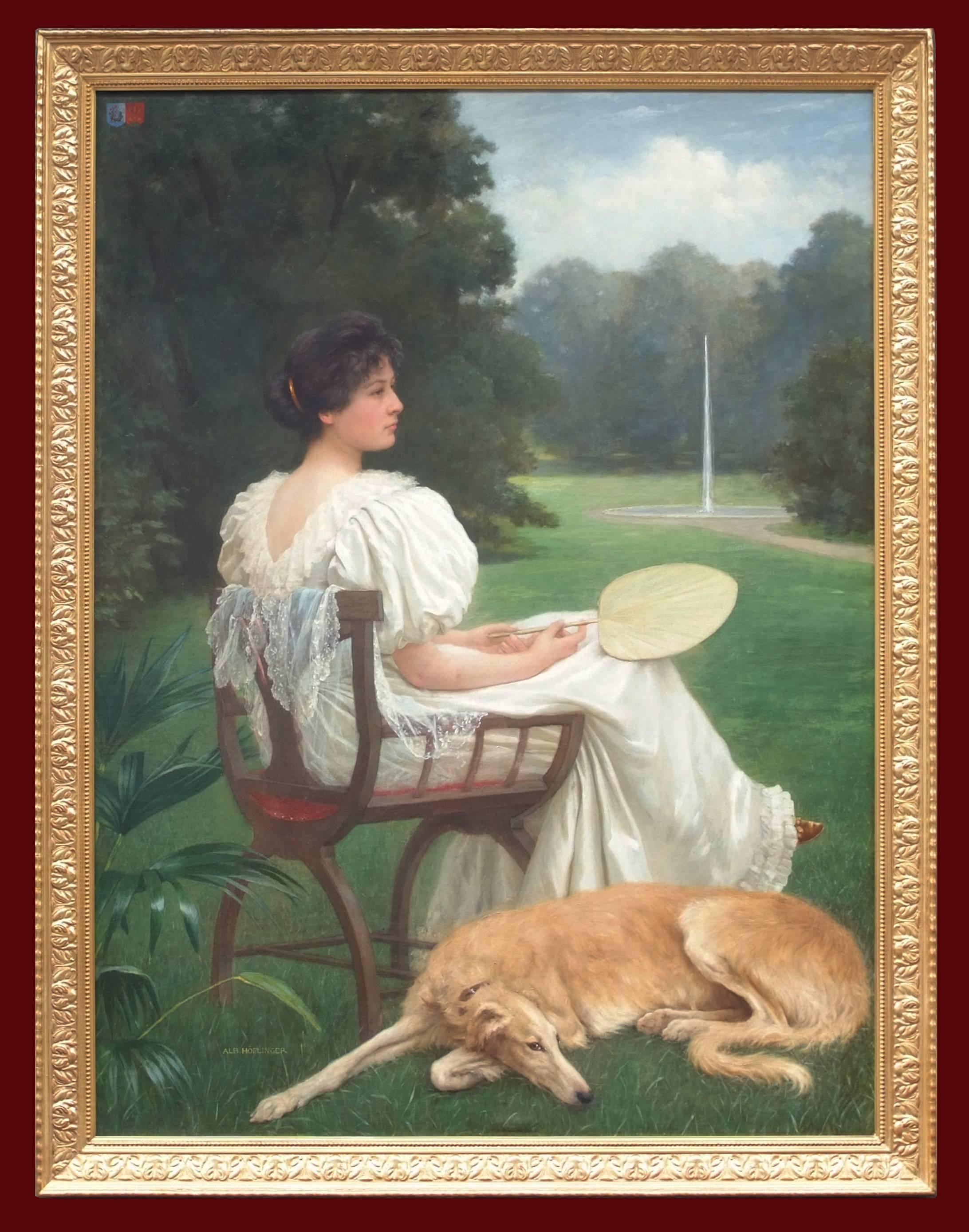 HOFLINGER Albert Animal Painting - Painting 19th Century Portrait Woman and Dog in the Garden