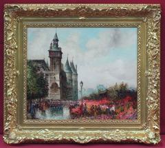 Painting 20th Century Impressionist Paris Banks, La Seine, Flowers Market