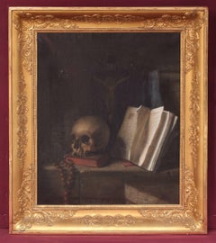 Peinture 18ème siècle Vanitas Nature morte Crâne Religion Esotérisme Occulte 