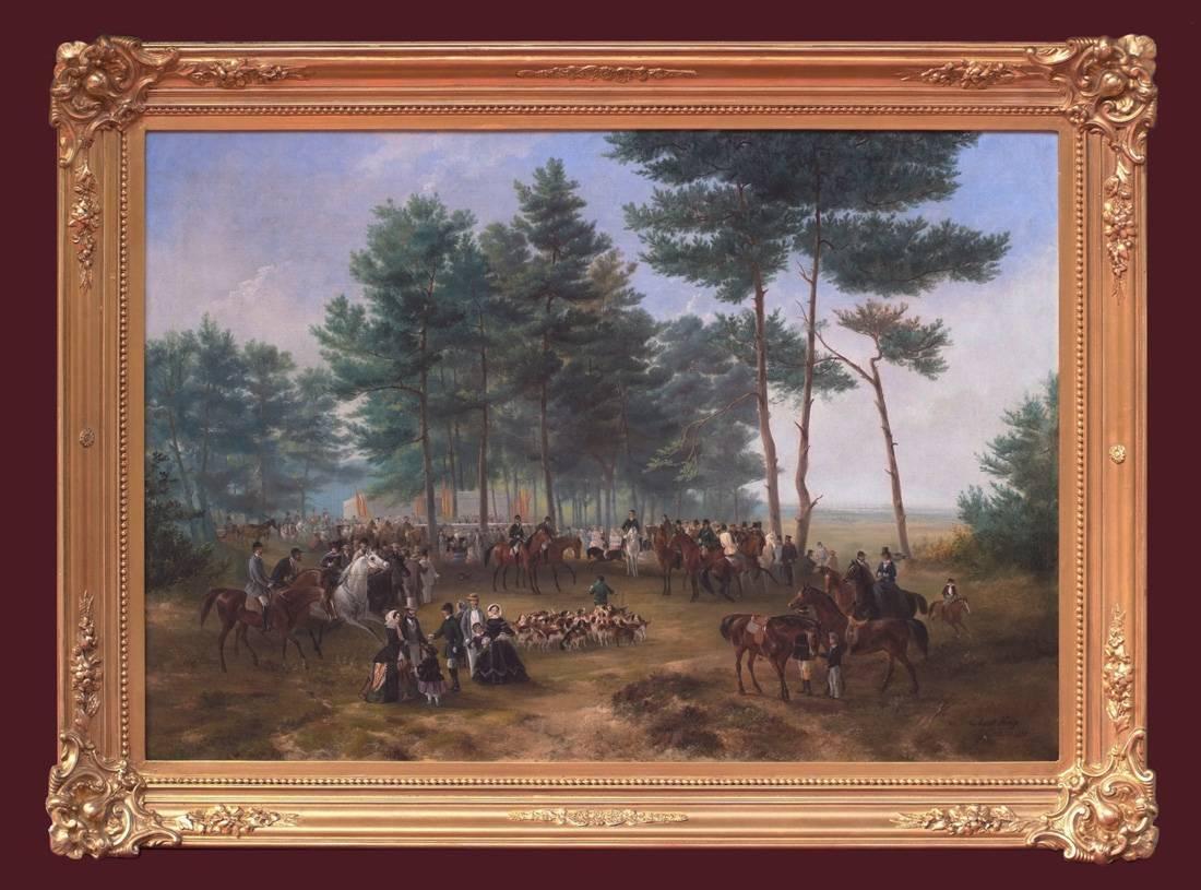 Joseph August Knip Landscape Painting - Painting 19th Century Fox Hunting Scene With Characters Horses and Dogs