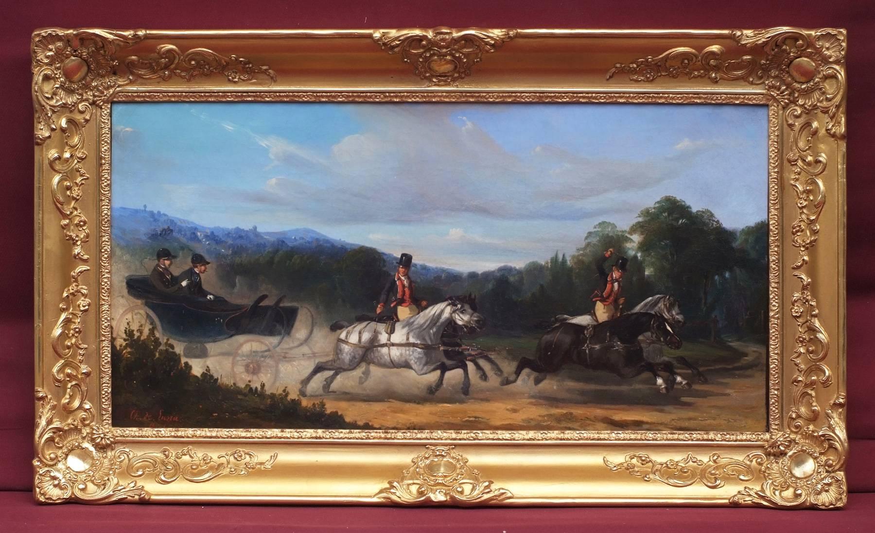 Peinture 19e siècle - Chevaux et attelage - Charles De Luna (1812-1866) 