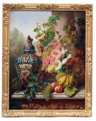 Painting 19th Century Still Life Flowers Fruits Porcelain