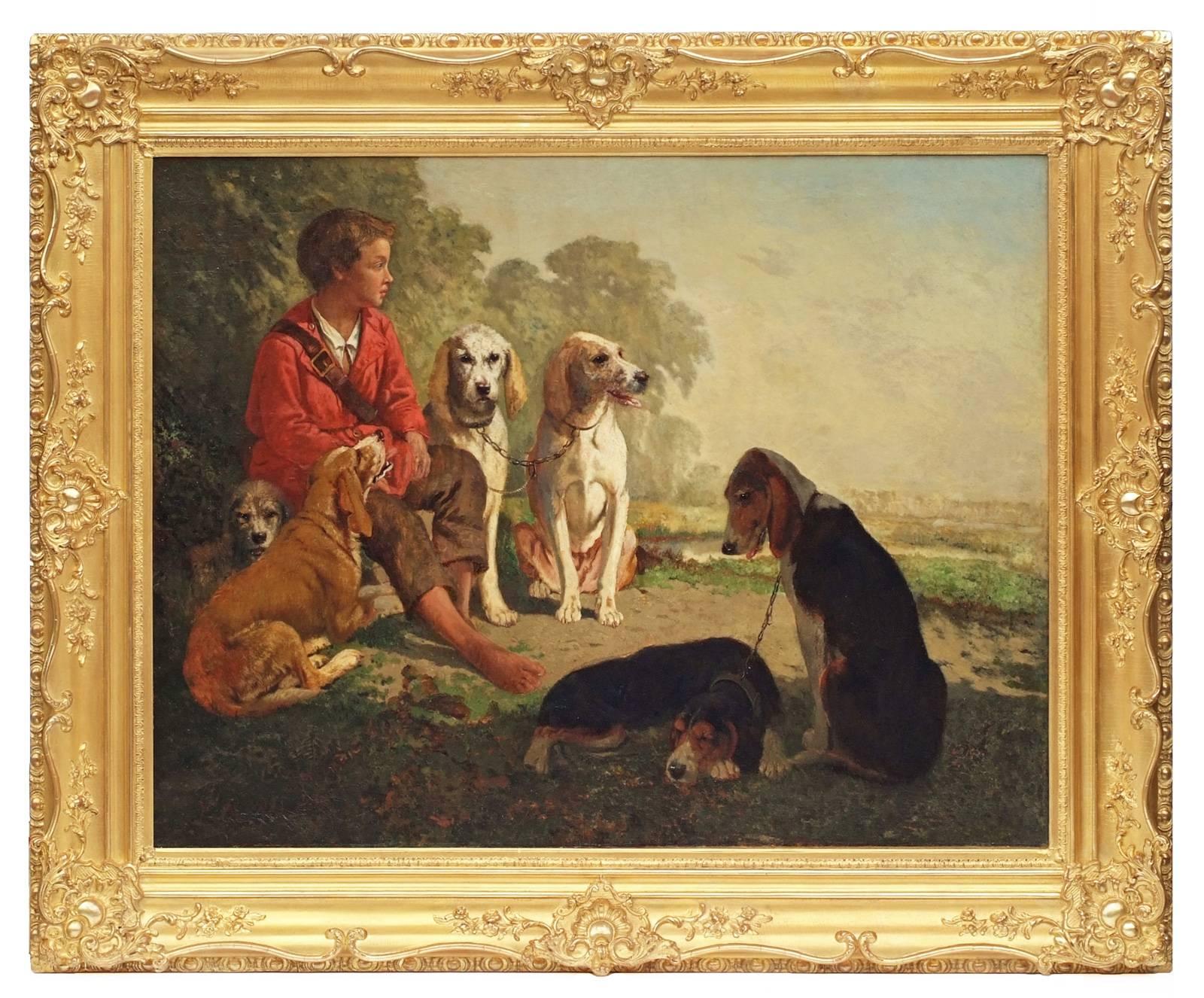Joos Vincent de Vos Landscape Painting - Painting 19th century Portrait Hunting Scene with Dogs