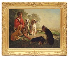 Antique Painting 19th century Portrait Hunting Scene with Dogs