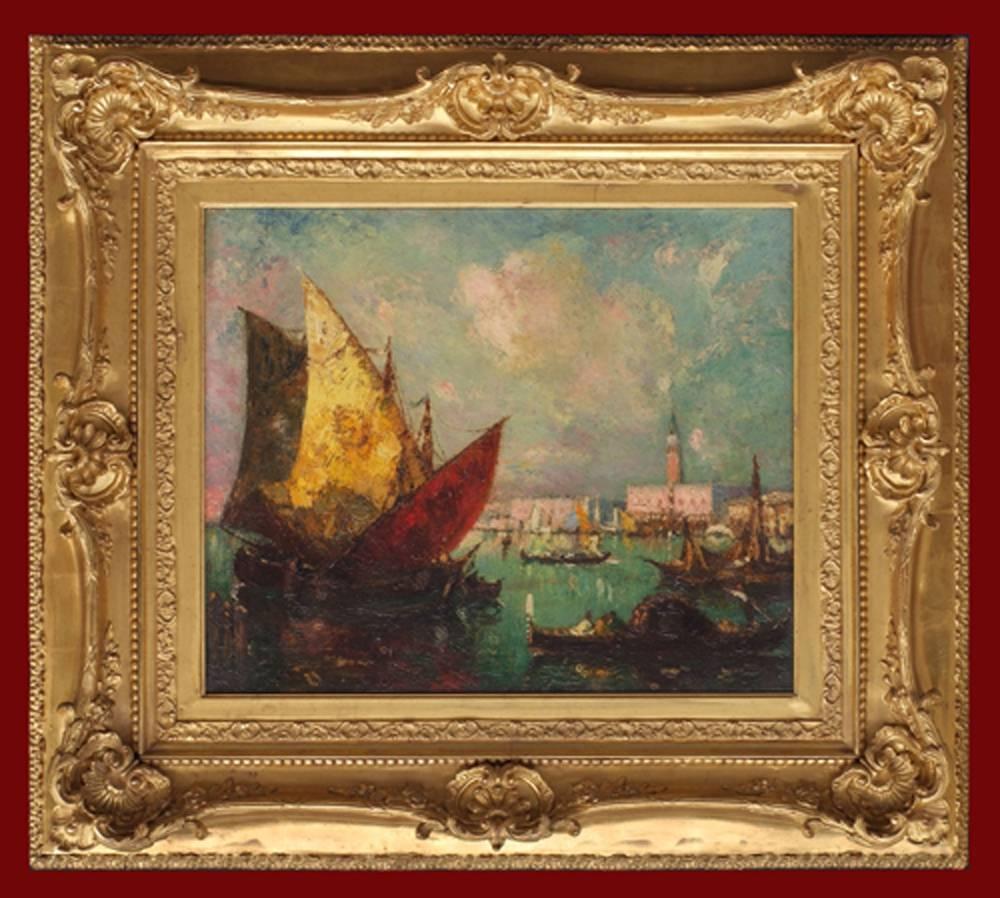 Landscape Painting albert Ferdinand DUPRAT - Peinture 20e siècle Venise Bateaux de mer