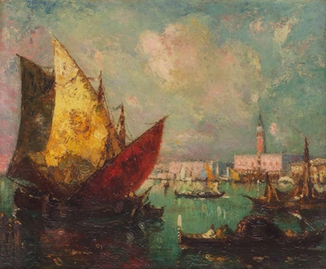 Peinture 20e siècle Venise Bateaux de mer - Post-impressionnisme Painting par albert Ferdinand DUPRAT