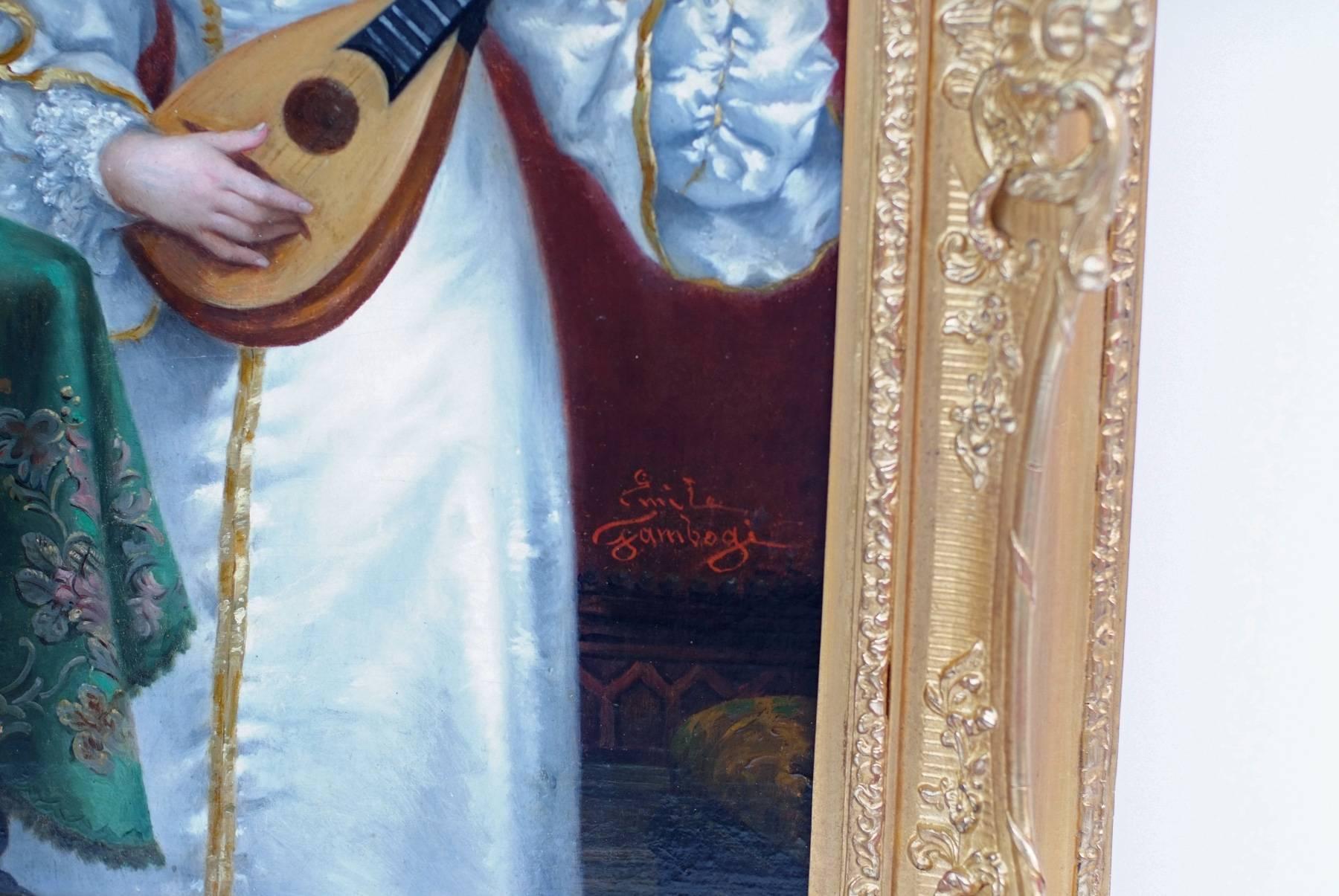 GAMBOGI Emile (1819-1895)
Dame spielt Mandoline
Öl auf Holzplatte  unterschrieben rechts unten
Alter Originalrahmen mit Blattvergoldung
Maße der Holzplatte: 56 x 34 cm
Abmessung Rahmen : 72 X 51 cm
Echtheitszertifikat 

GAMBOGI Emile