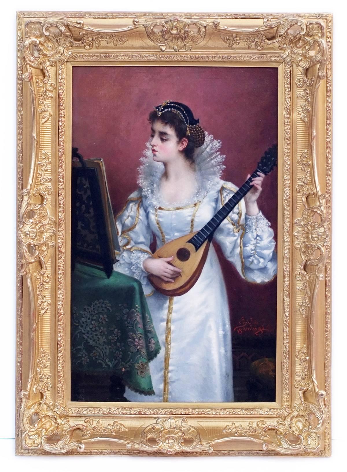 Émile Gambogi Portrait Painting – Old Master Painting 19th Century Music Portrait Interior Scene