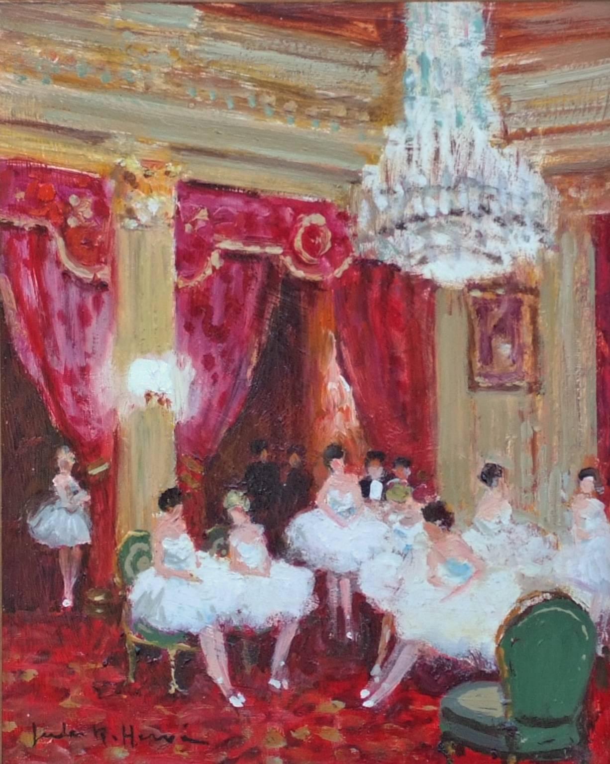 Impressionist Painting  20th Century Ballet Dancers in Paris Opera Garnier - Gray Interior Painting by Jules René Hervé