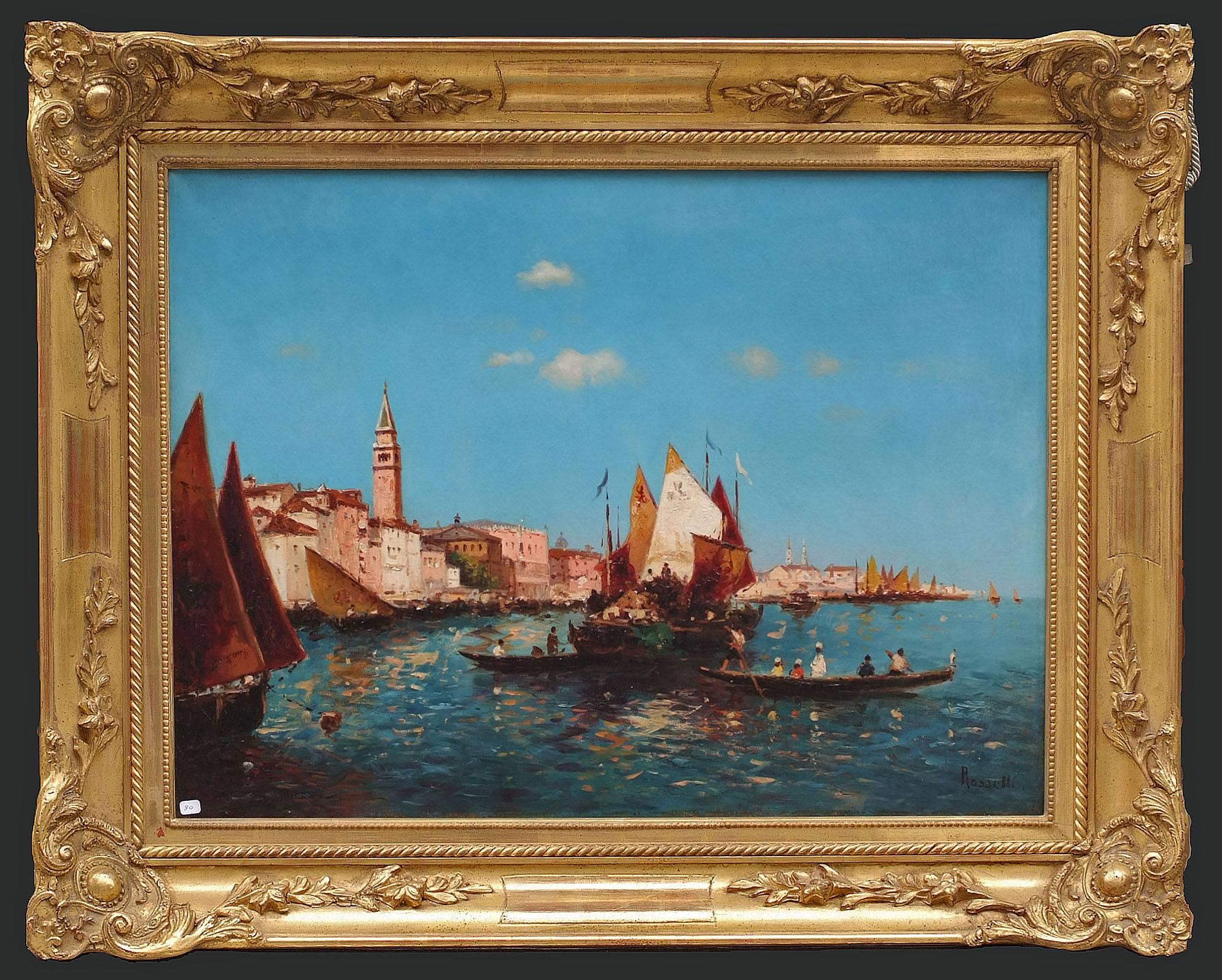 Giacomo Rosselli Landscape Painting - Painting early 20th Century Venice boats seascape 